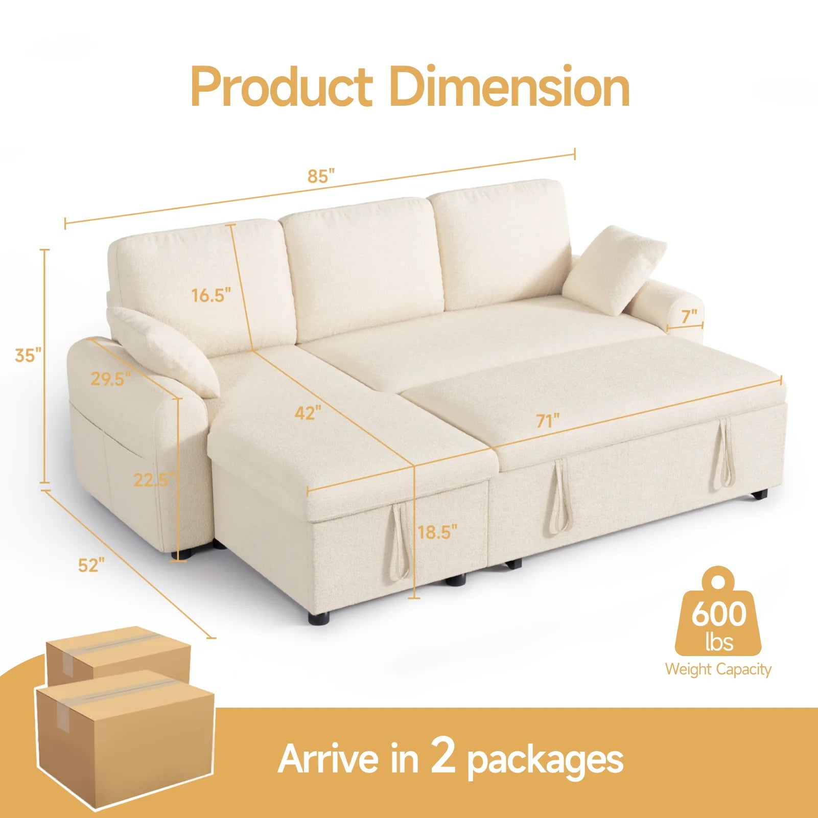 L-Shaped Sleeper Sofa with Storage Chaise & Pull-Out Bed – 85
