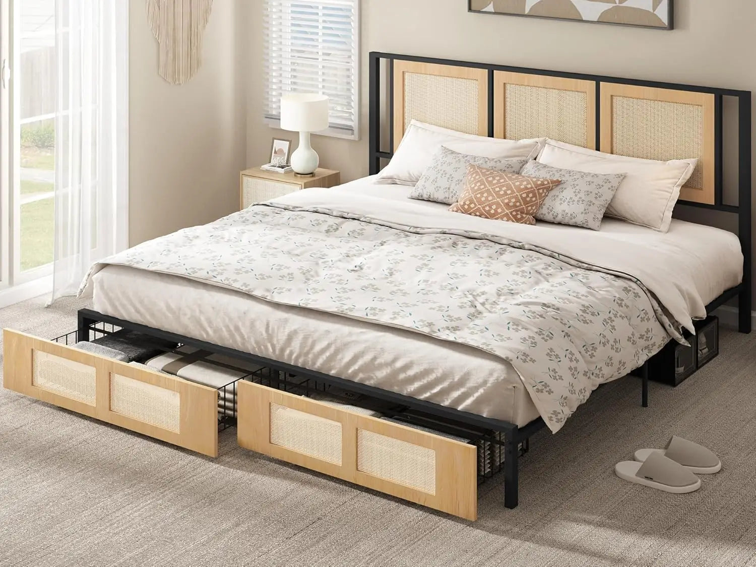 Natural Rattan Bed Frame – Boho Cane Platform Bed with Headboard
