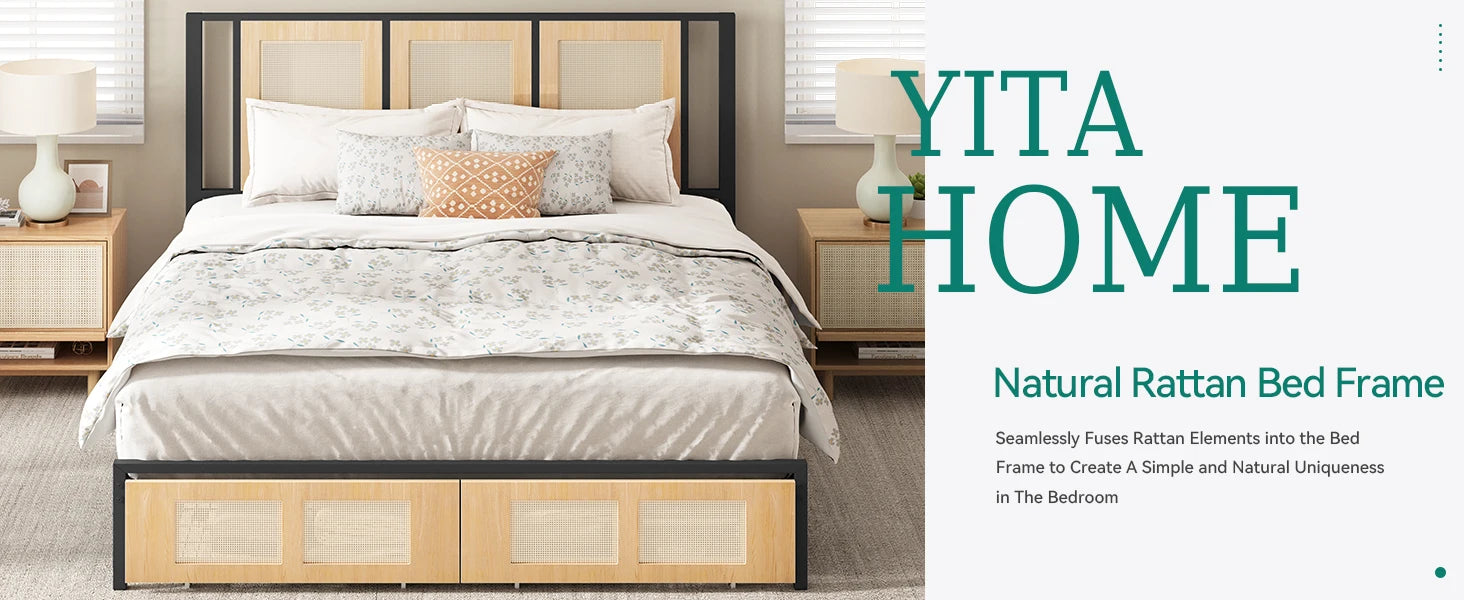 Natural Rattan Bed Frame – Boho Cane Platform Bed with Headboard
