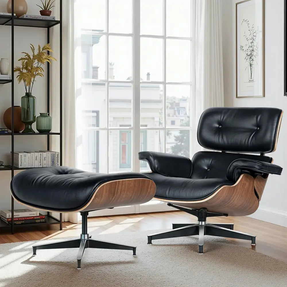 Mid-Century Leather Armchair with Ottoman – Living Room Lounge Chair