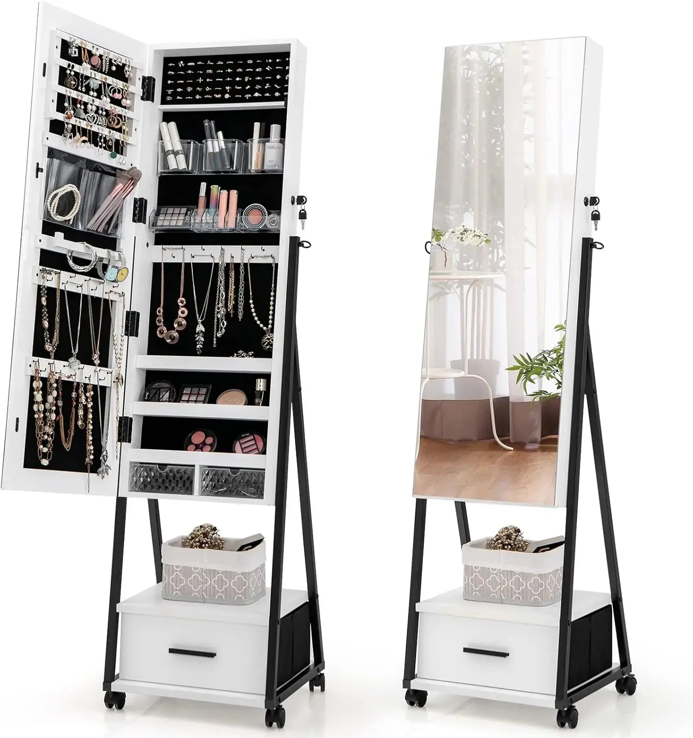Rolling Jewelry Cabinet with Full-Length Mirror