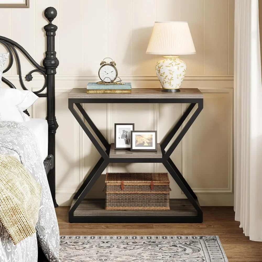 Compact 3-Tier Wood Side Table with Storage
