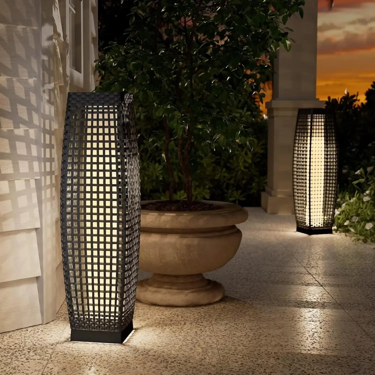 Outdoor Solar-Powered Wicker Lantern Floor Lamp