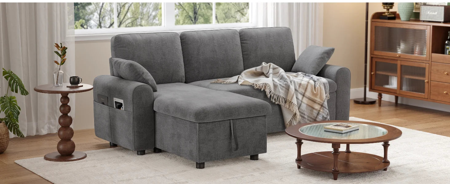 L-Shaped Sleeper Sofa with Storage Chaise & Pull-Out Bed – 85" Sectional