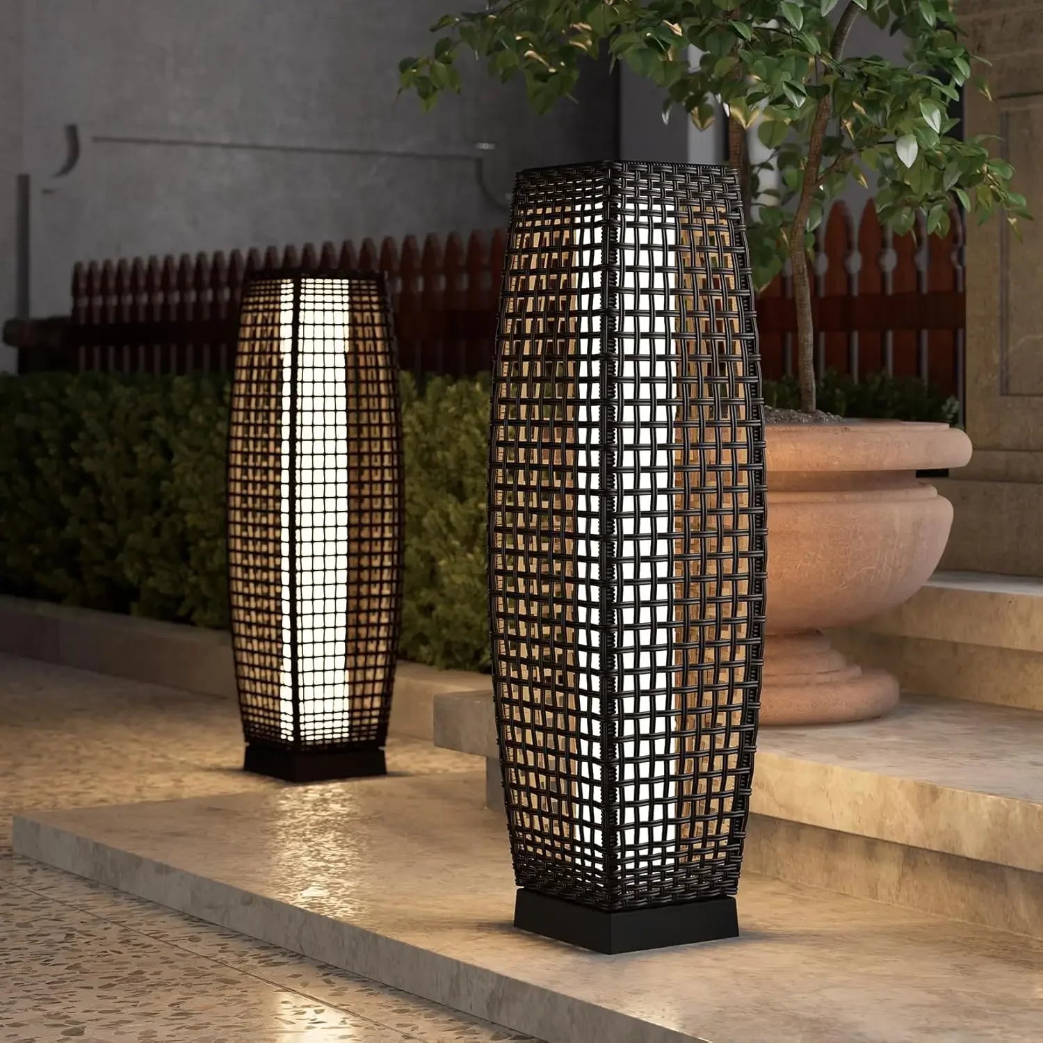 Outdoor Solar-Powered Wicker Lantern Floor Lamp