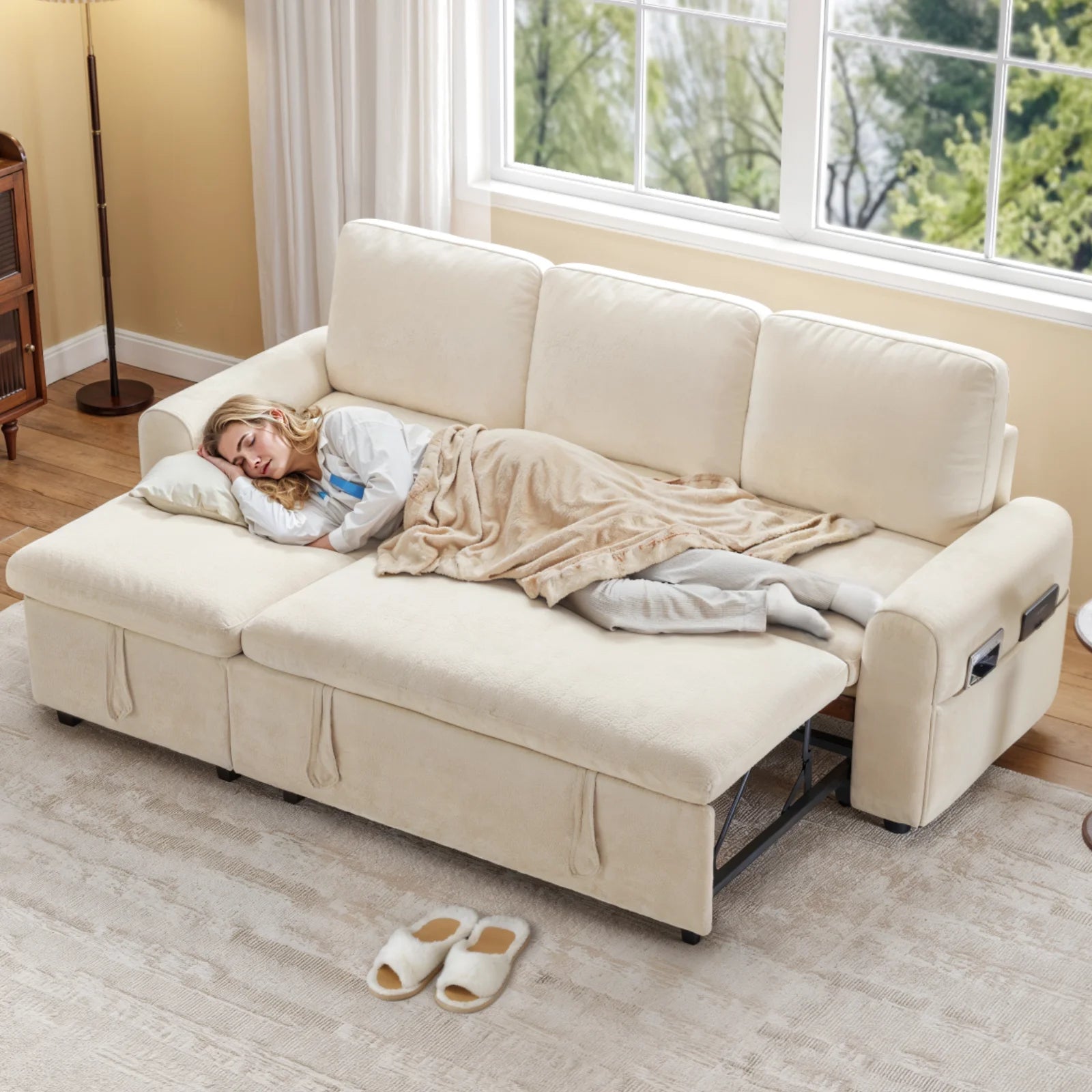 L-Shaped Sleeper Sofa with Storage Chaise & Pull-Out Bed – 85