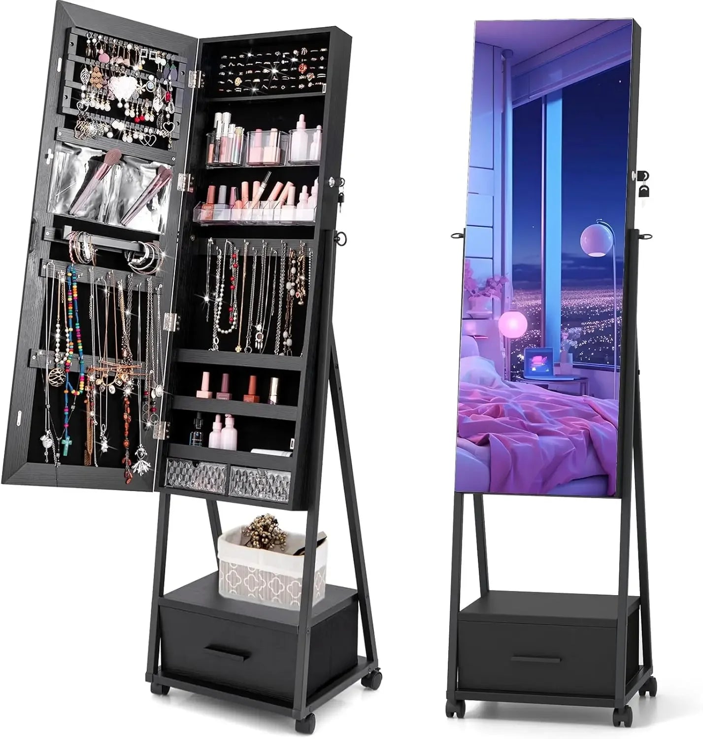 Rolling Jewelry Cabinet with Full-Length Mirror