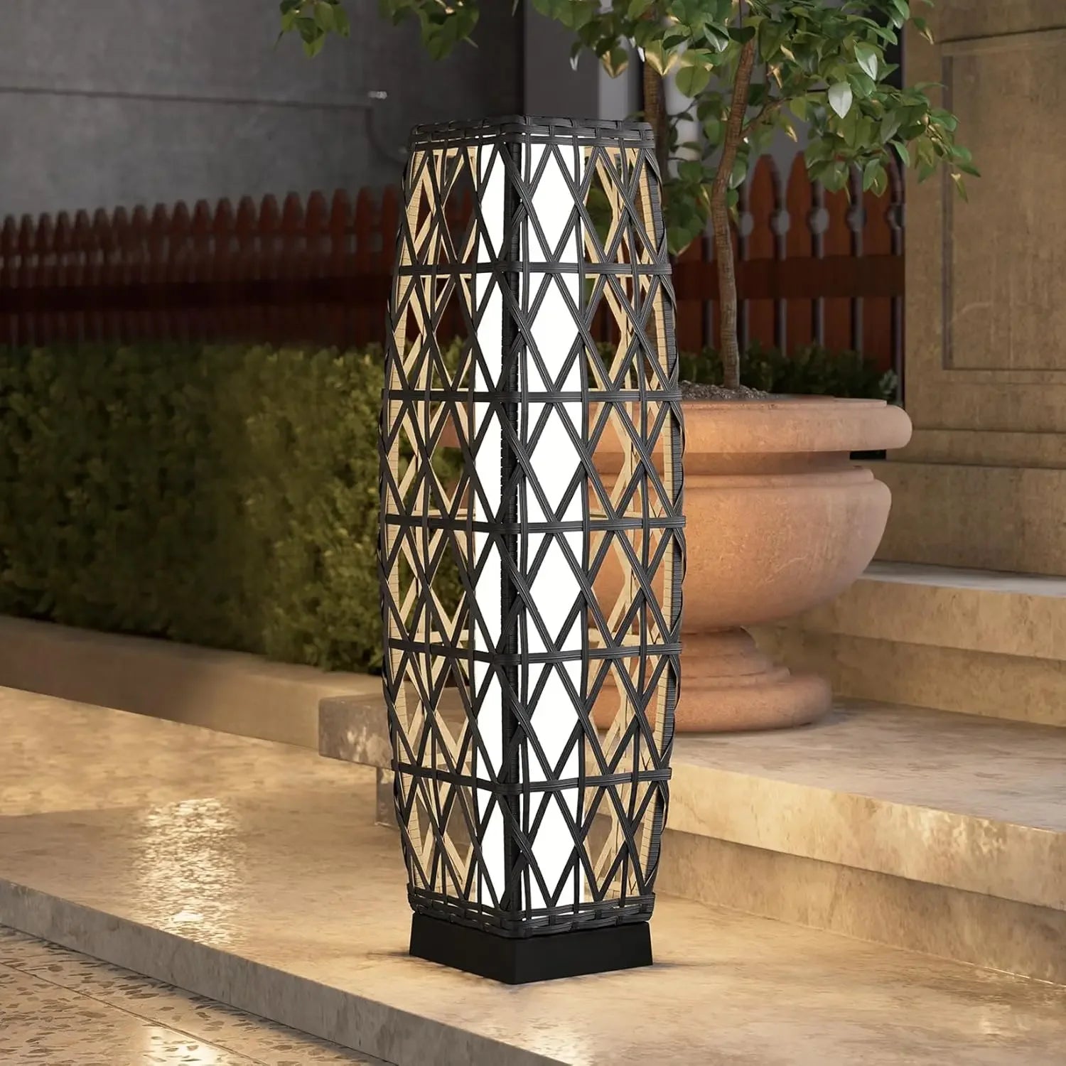 Outdoor Solar-Powered Wicker Lantern Floor Lamp