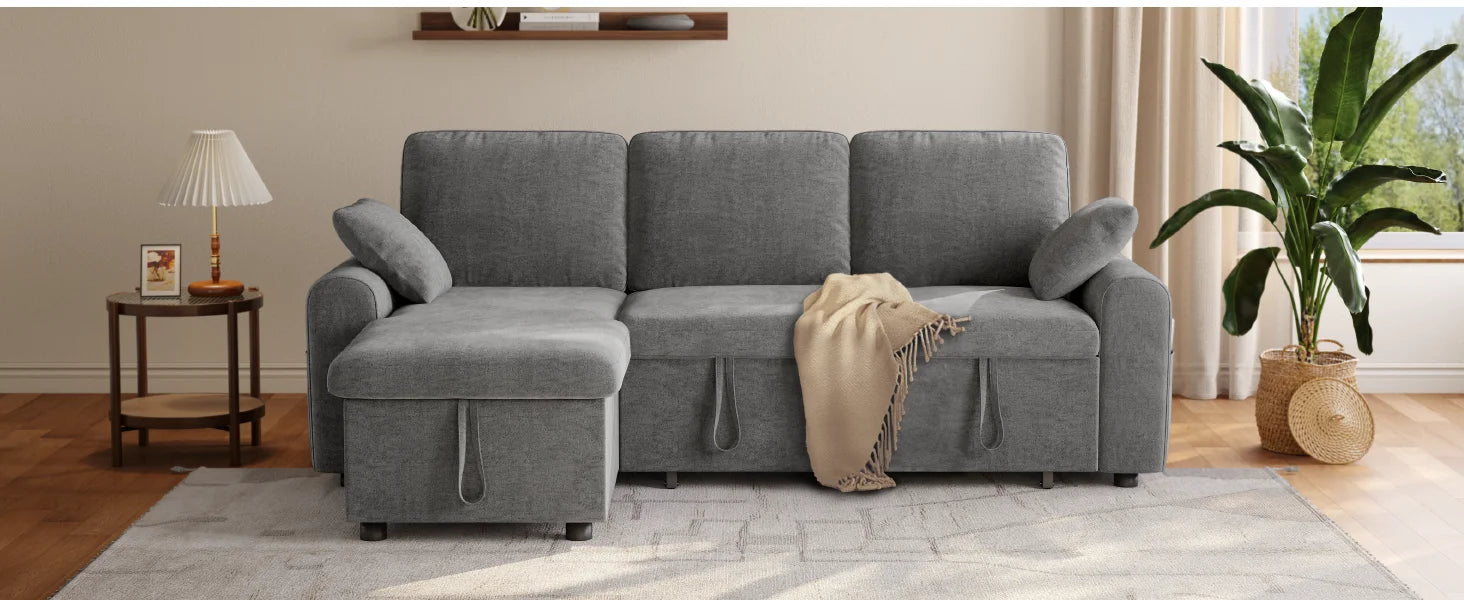 L-Shaped Sleeper Sofa with Storage Chaise & Pull-Out Bed – 85" Sectional