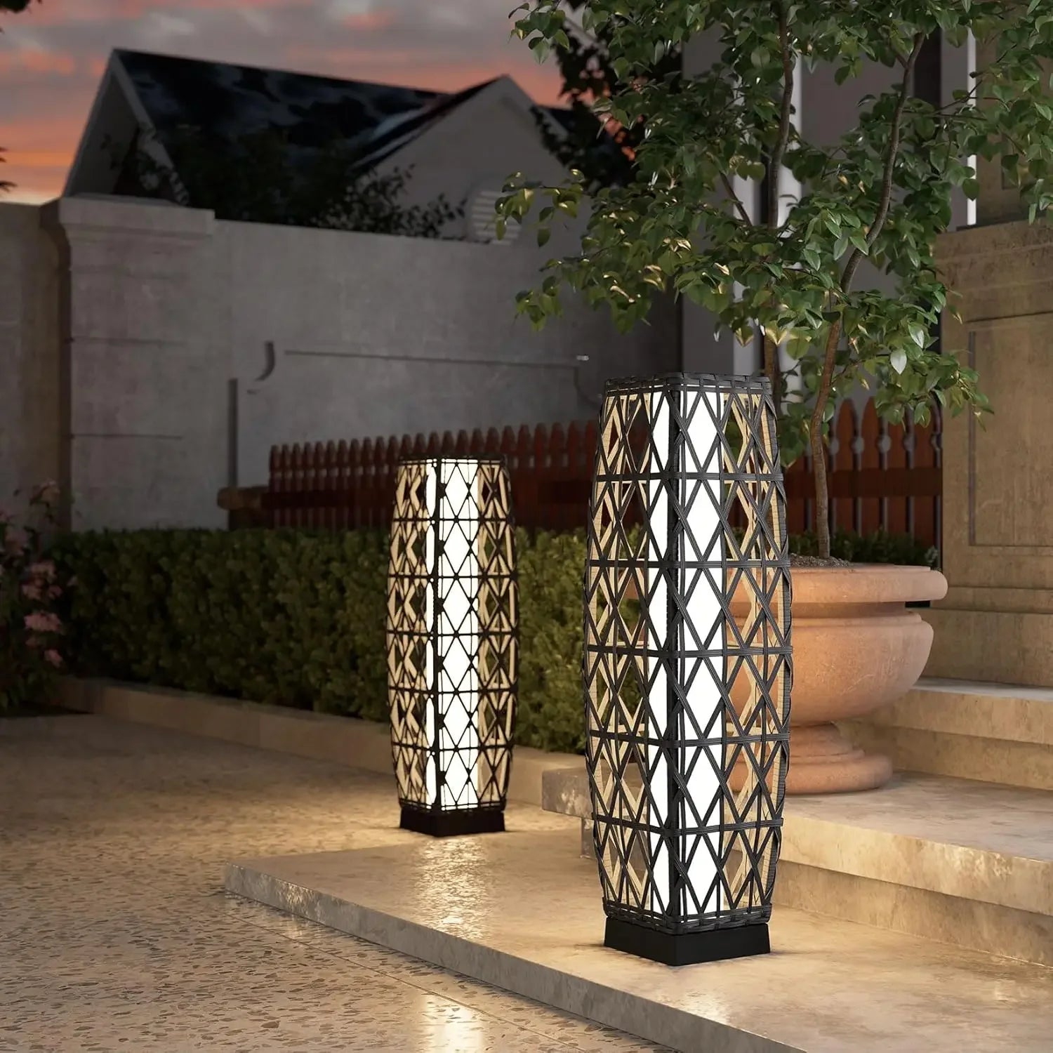 Outdoor Solar-Powered Wicker Lantern Floor Lamp