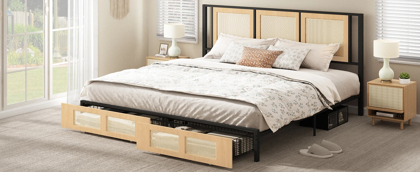 Natural Rattan Bed Frame – Boho Cane Platform Bed with Headboard