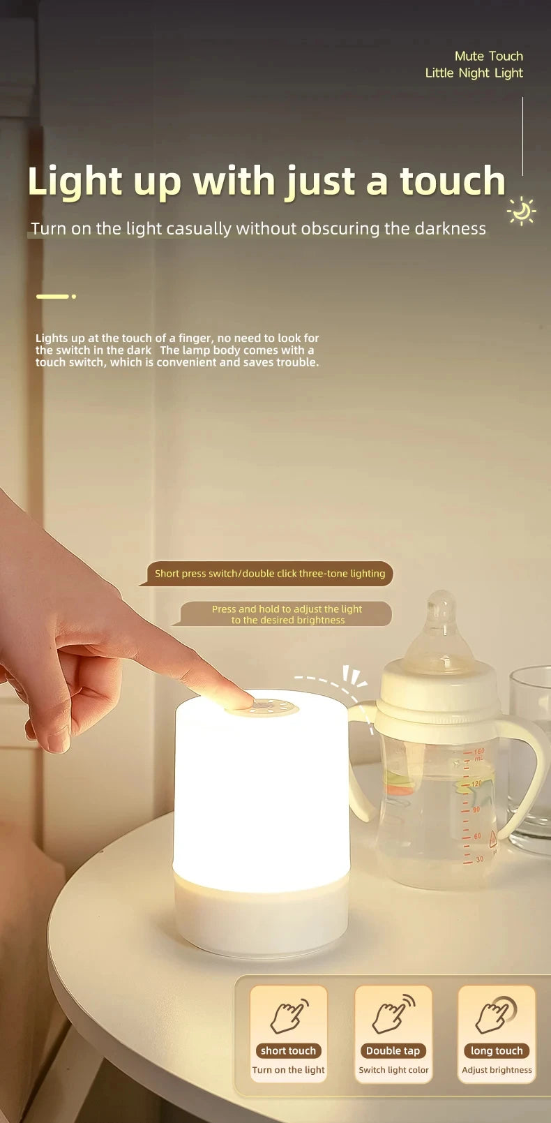 Touch Night Lamp – 3-Mode Dimmable USB Charging Bedside Lamp