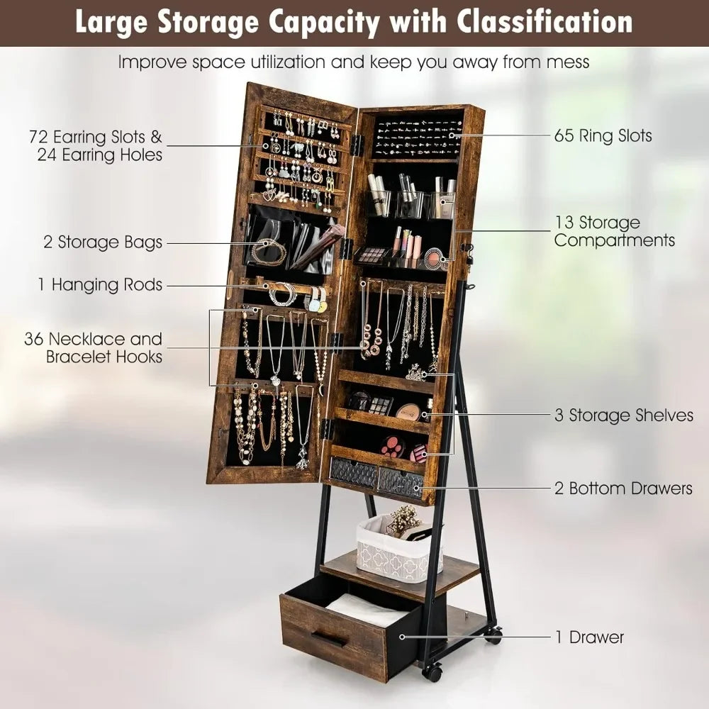Rolling Jewelry Cabinet with Full-Length Mirror