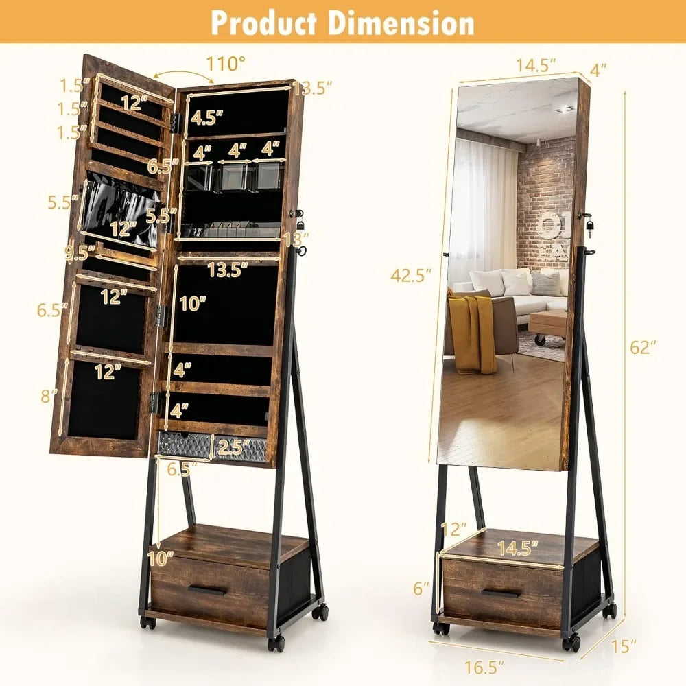 Rolling Jewelry Cabinet with Full-Length Mirror