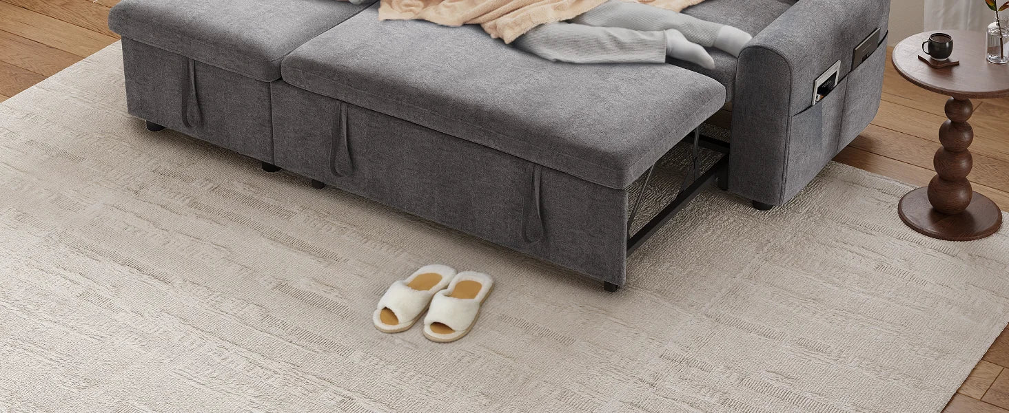 L-Shaped Sleeper Sofa with Storage Chaise & Pull-Out Bed – 85" Sectional
