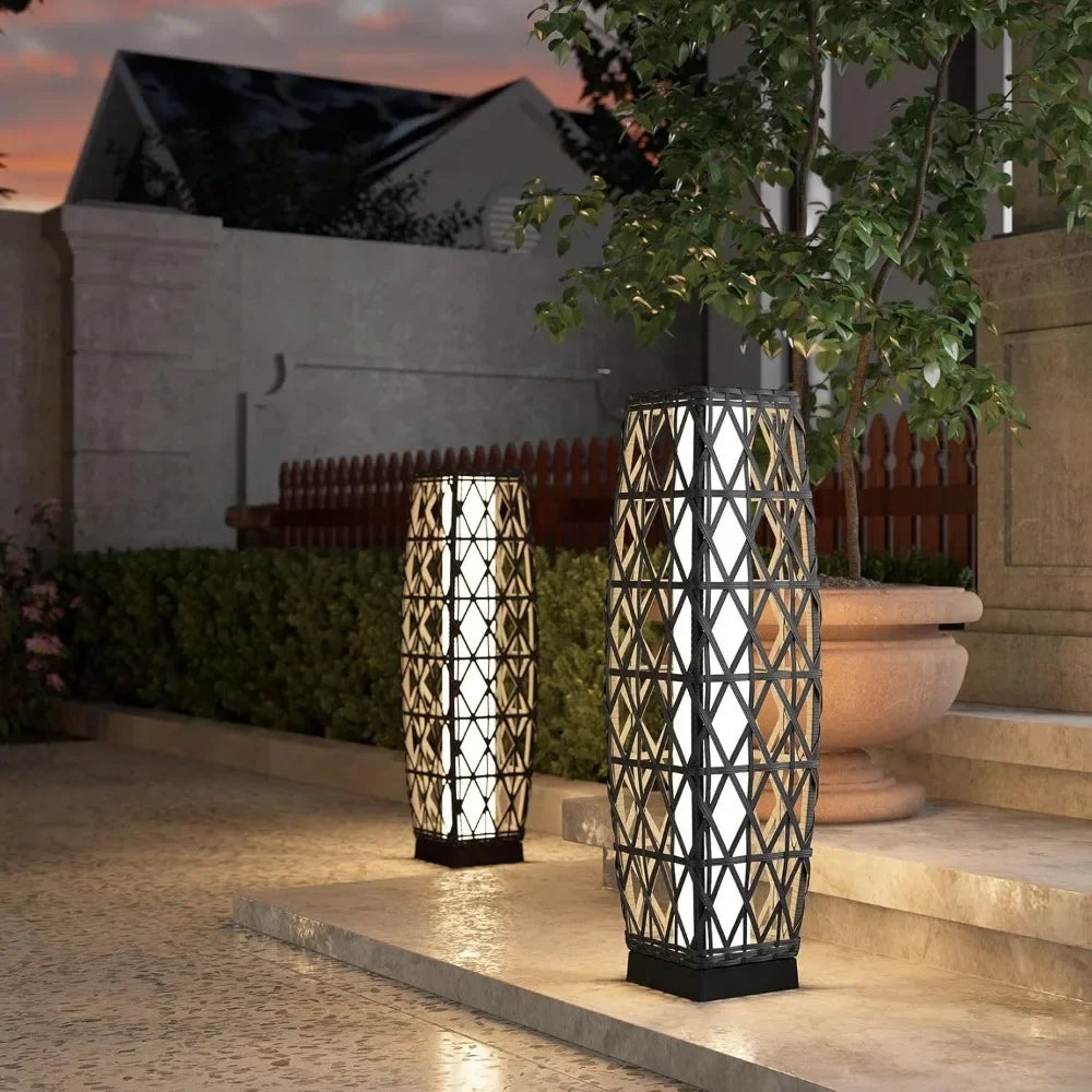 Outdoor Solar-Powered Wicker Lantern Floor Lamp