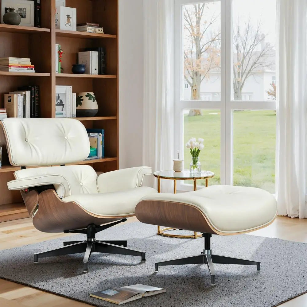 Mid-Century Leather Armchair with Ottoman – Living Room Lounge Chair