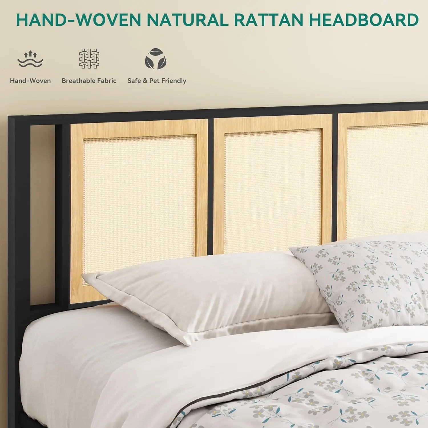Natural Rattan Bed Frame – Boho Cane Platform Bed with Headboard