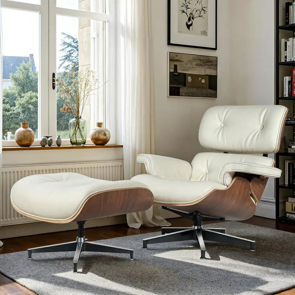 Mid-Century Leather Armchair with Ottoman – Living Room Lounge Chair