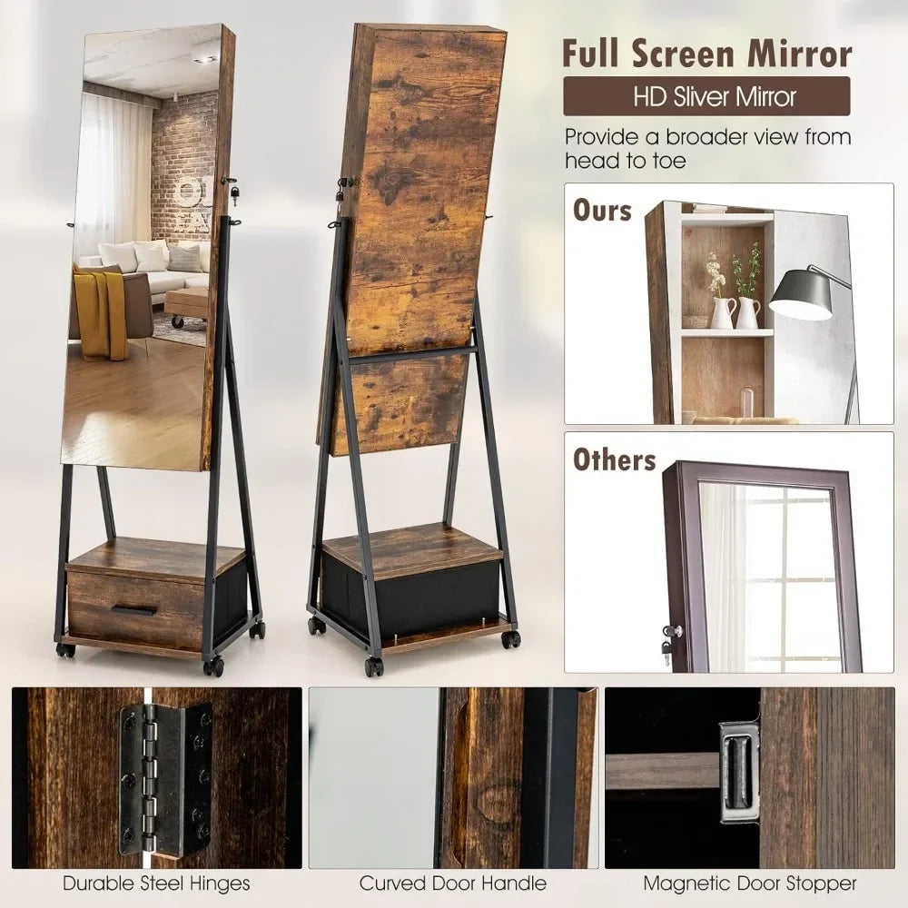 Rolling Jewelry Cabinet with Full-Length Mirror