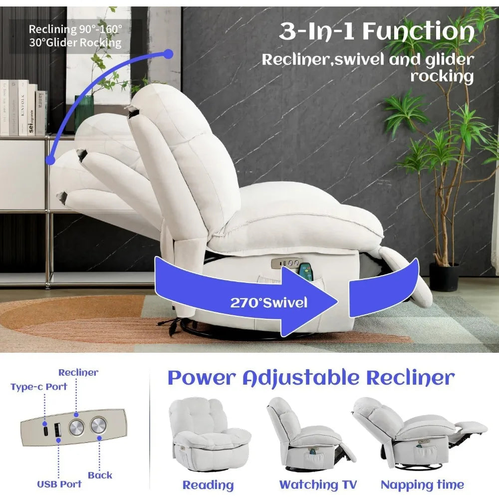 Oversized Power Recliner Chair – Heated Massage Rocker & Swivel