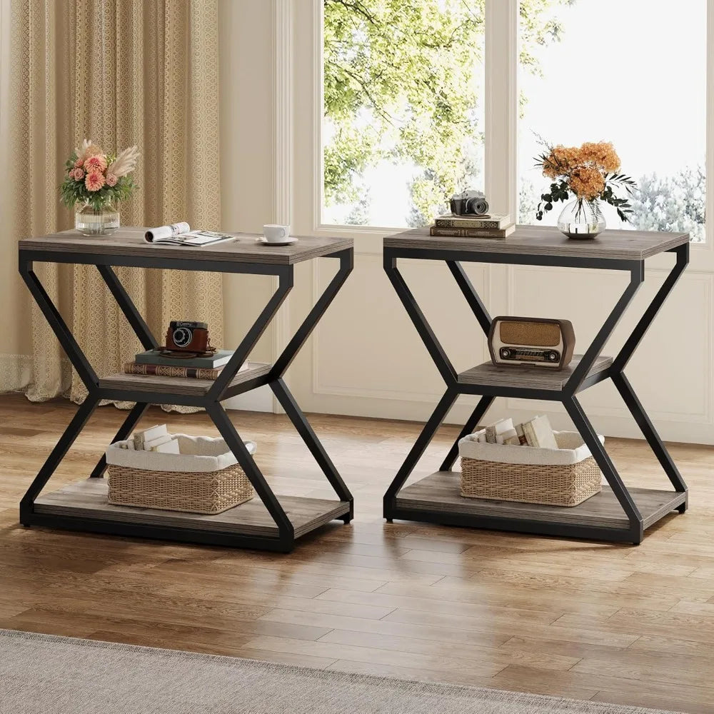 Compact 3-Tier Wood Side Table with Storage