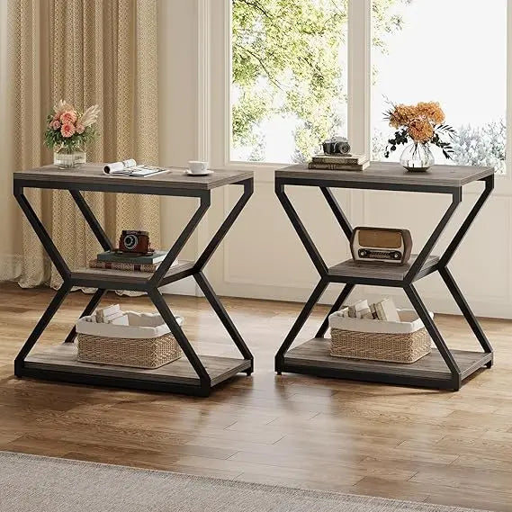 Compact 3-Tier Wood Side Table with Storage