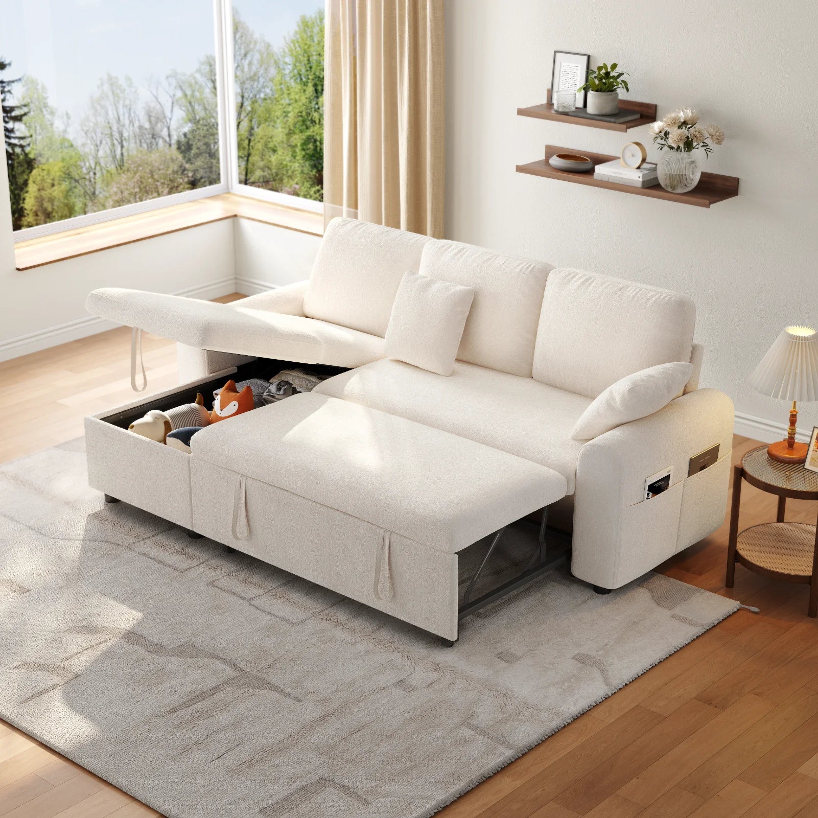 L-Shaped Sleeper Sofa with Storage Chaise & Pull-Out Bed – 85" Sectional
