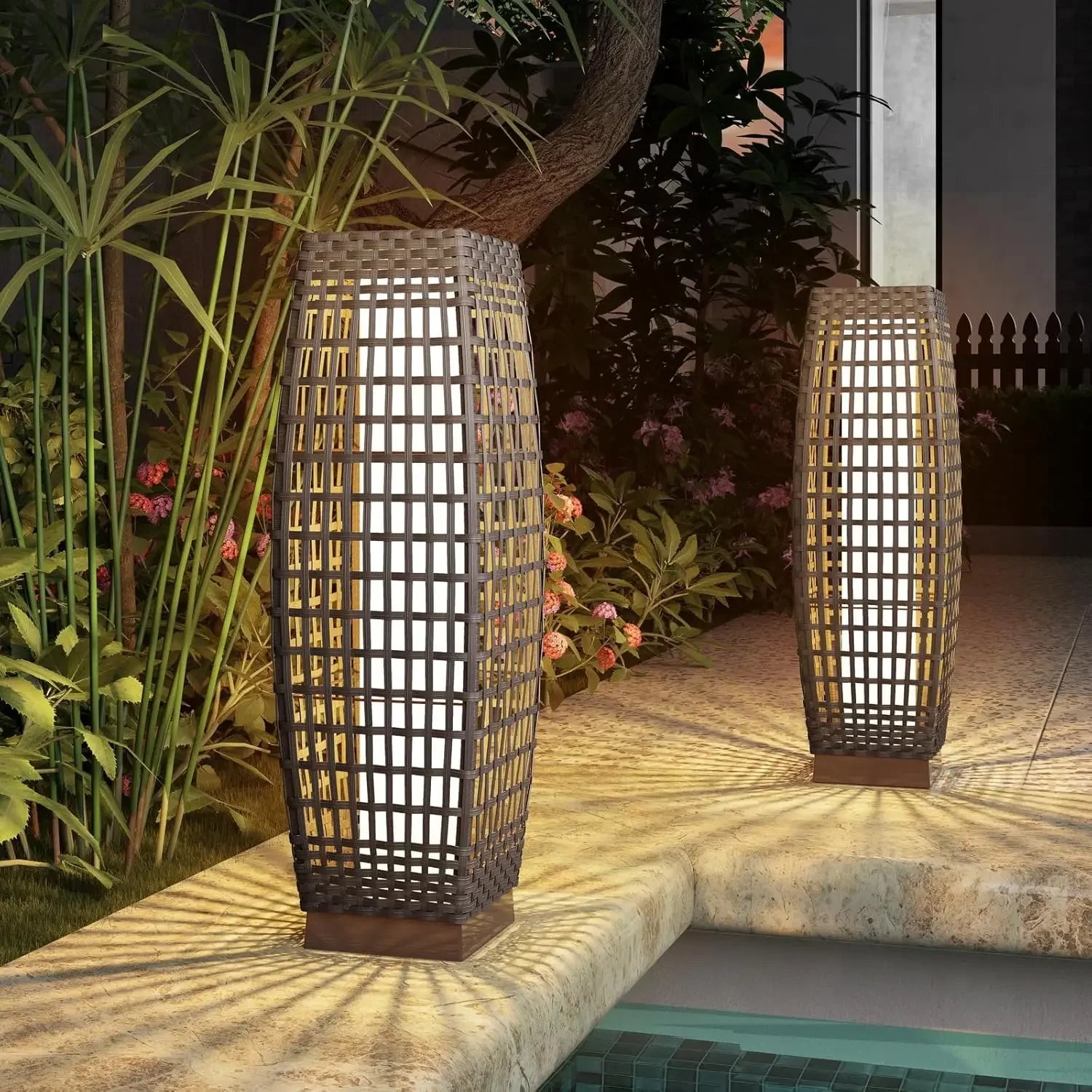 Outdoor Solar-Powered Wicker Lantern Floor Lamp