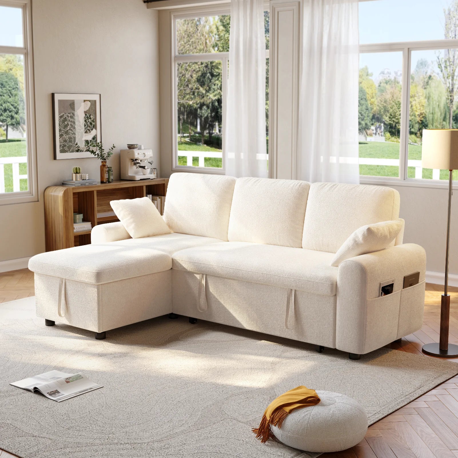L-Shaped Sleeper Sofa with Storage Chaise & Pull-Out Bed – 85" Sectional