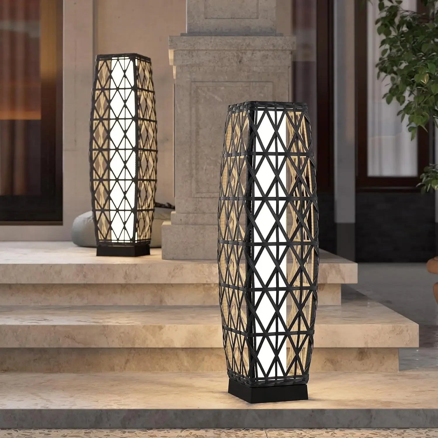 Outdoor Solar-Powered Wicker Lantern Floor Lamp