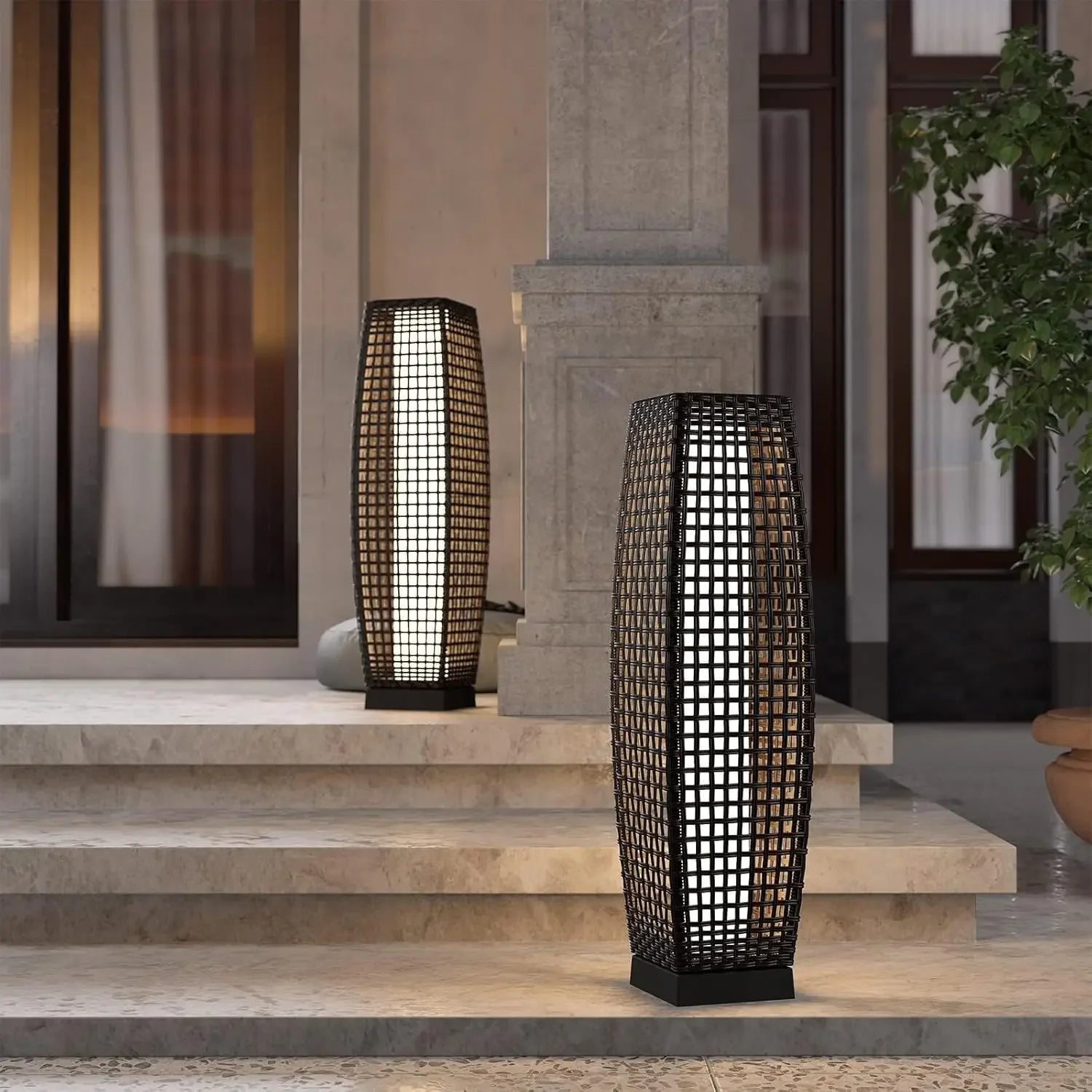 Outdoor Solar-Powered Wicker Lantern Floor Lamp