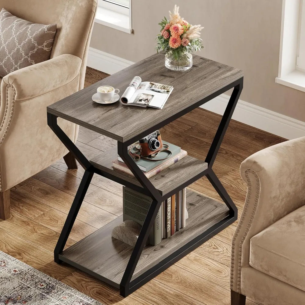 Compact 3-Tier Wood Side Table with Storage