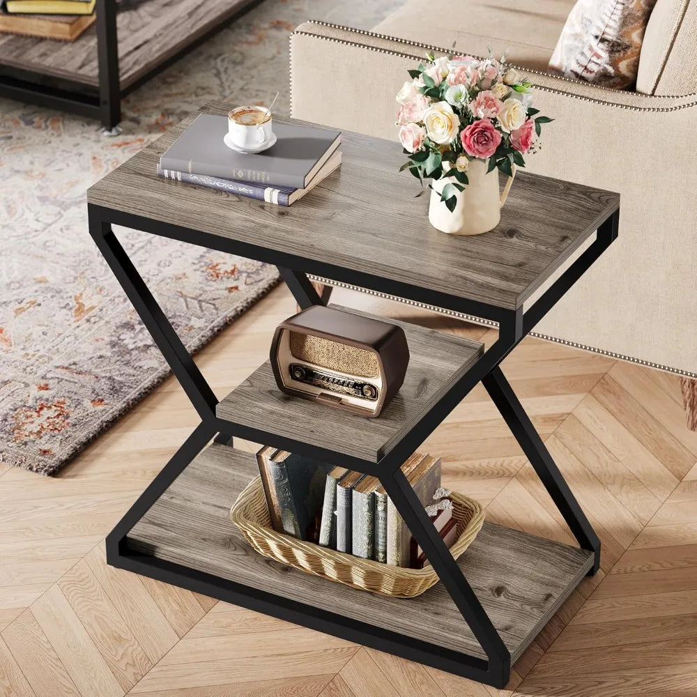 Compact 3-Tier Wood Side Table with Storage