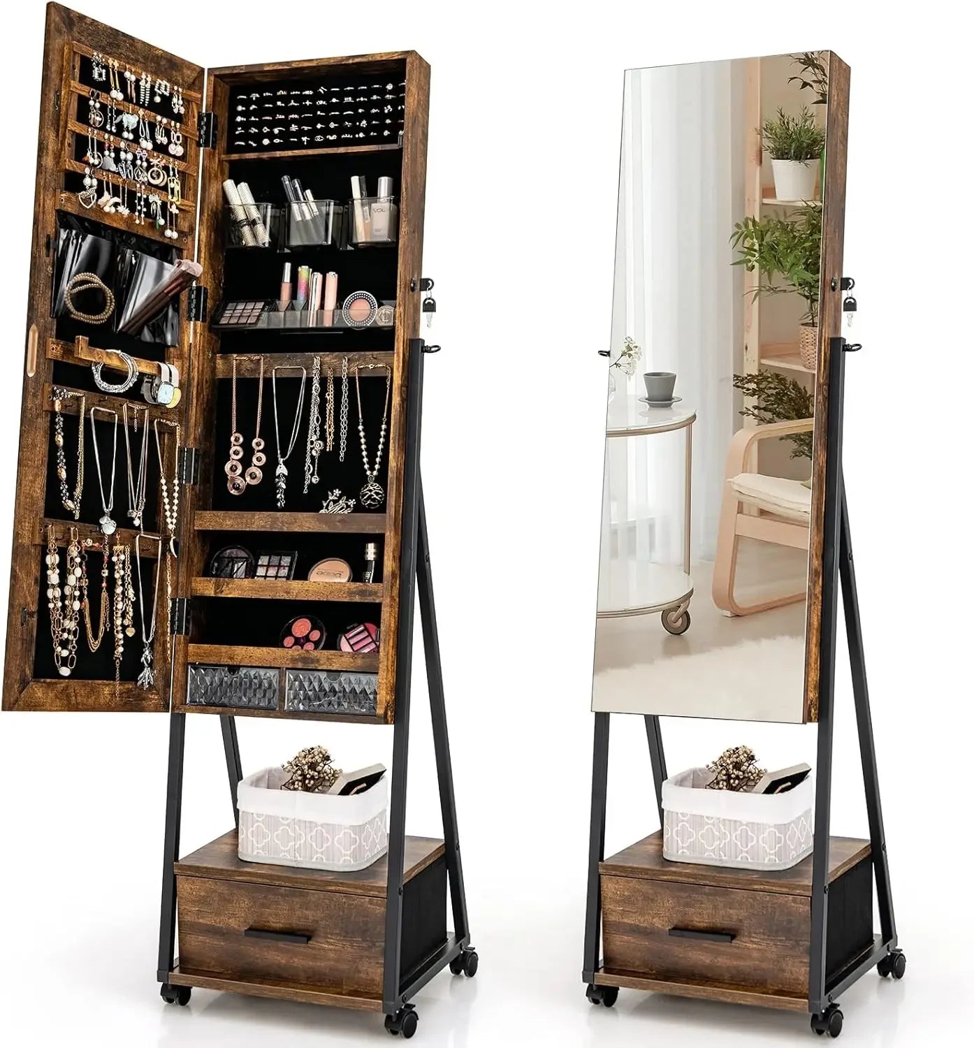 Rolling Jewelry Cabinet with Full-Length Mirror