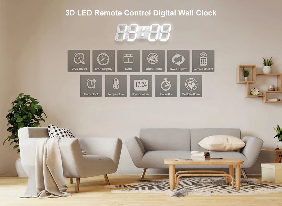 3D LED Digital Wall Clock