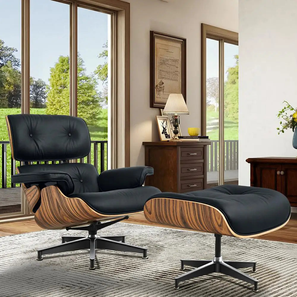 Mid-Century Leather Armchair with Ottoman – Living Room Lounge Chair