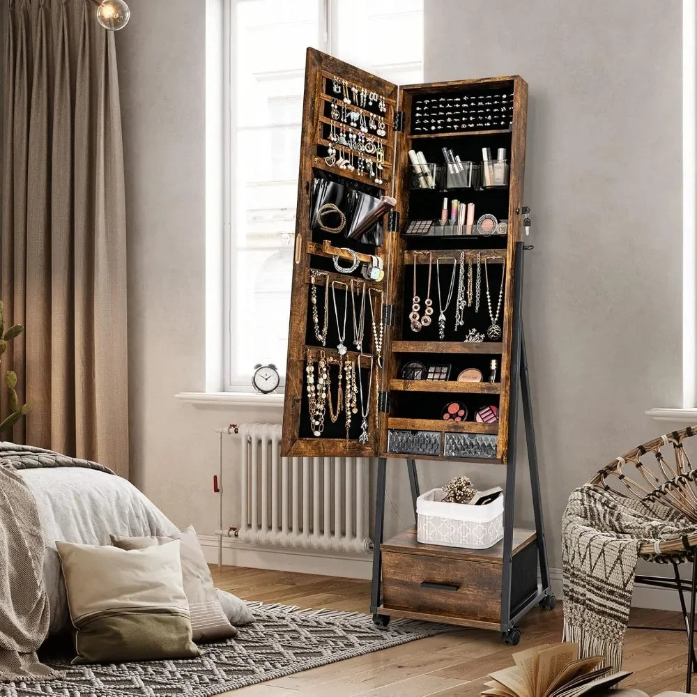 Rolling Jewelry Cabinet with Full-Length Mirror