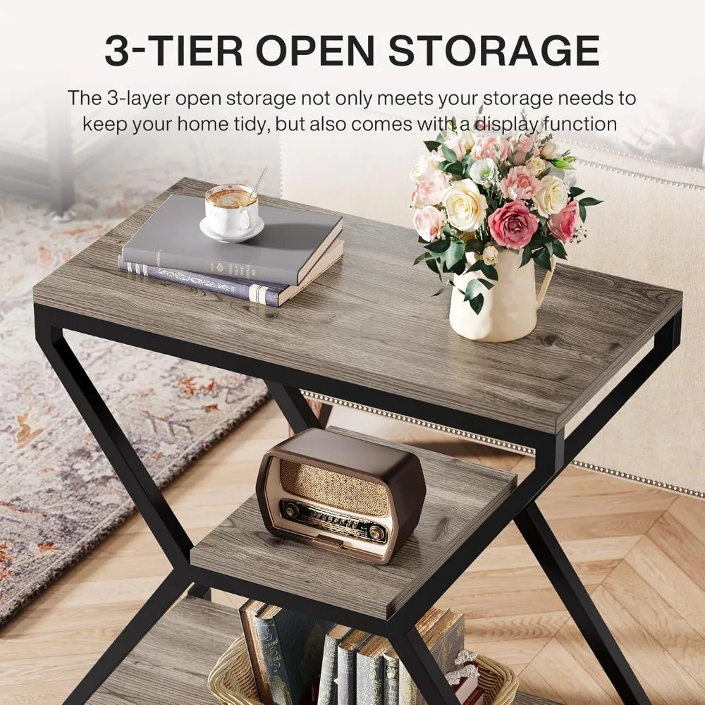 Compact 3-Tier Wood Side Table with Storage