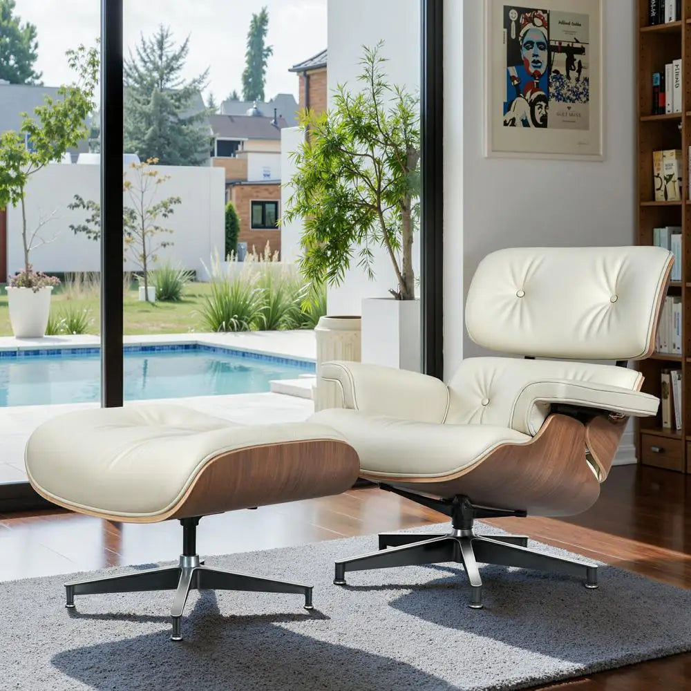 Mid-Century Leather Armchair with Ottoman – Living Room Lounge Chair