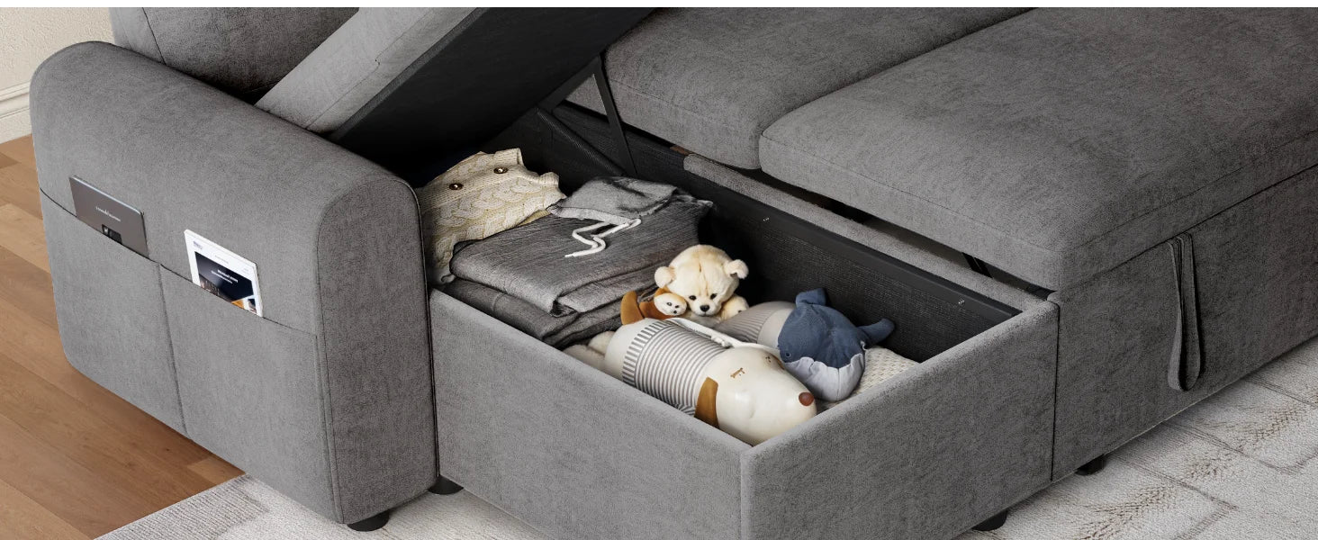 L-Shaped Sleeper Sofa with Storage Chaise & Pull-Out Bed – 85" Sectional