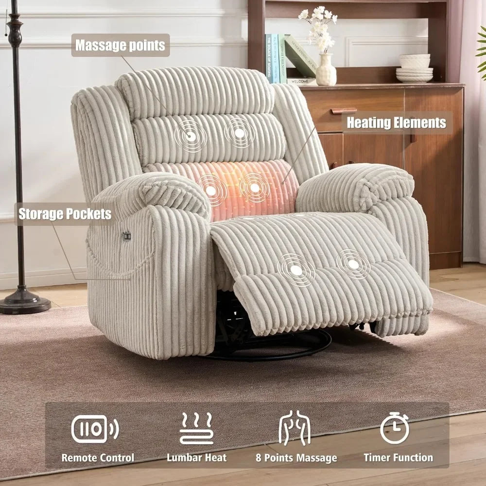 Power Swivel Rocker Recliner – Massage, Heat & USB Charging