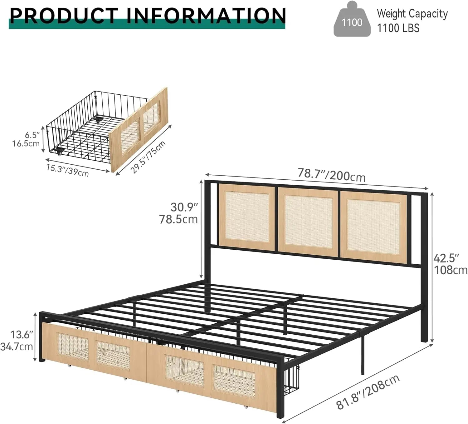 Natural Rattan Bed Frame – Boho Cane Platform Bed with Headboard
