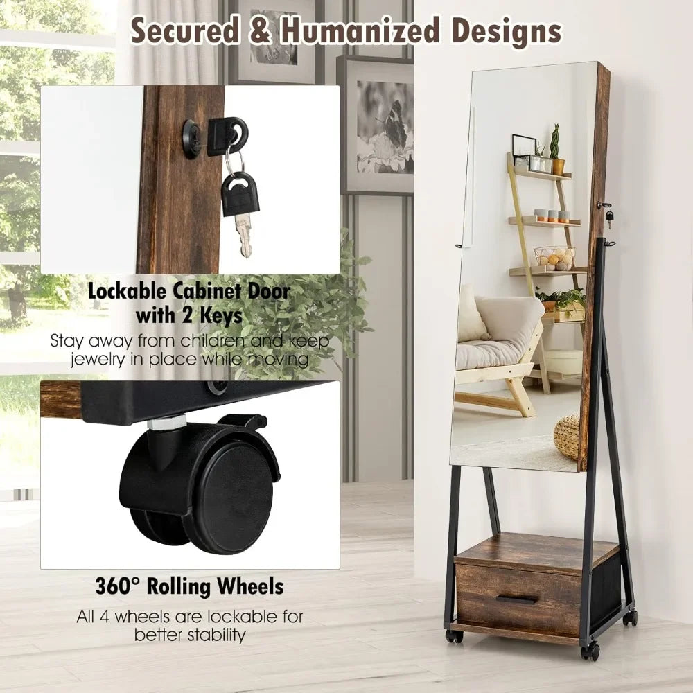 Rolling Jewelry Cabinet with Full-Length Mirror
