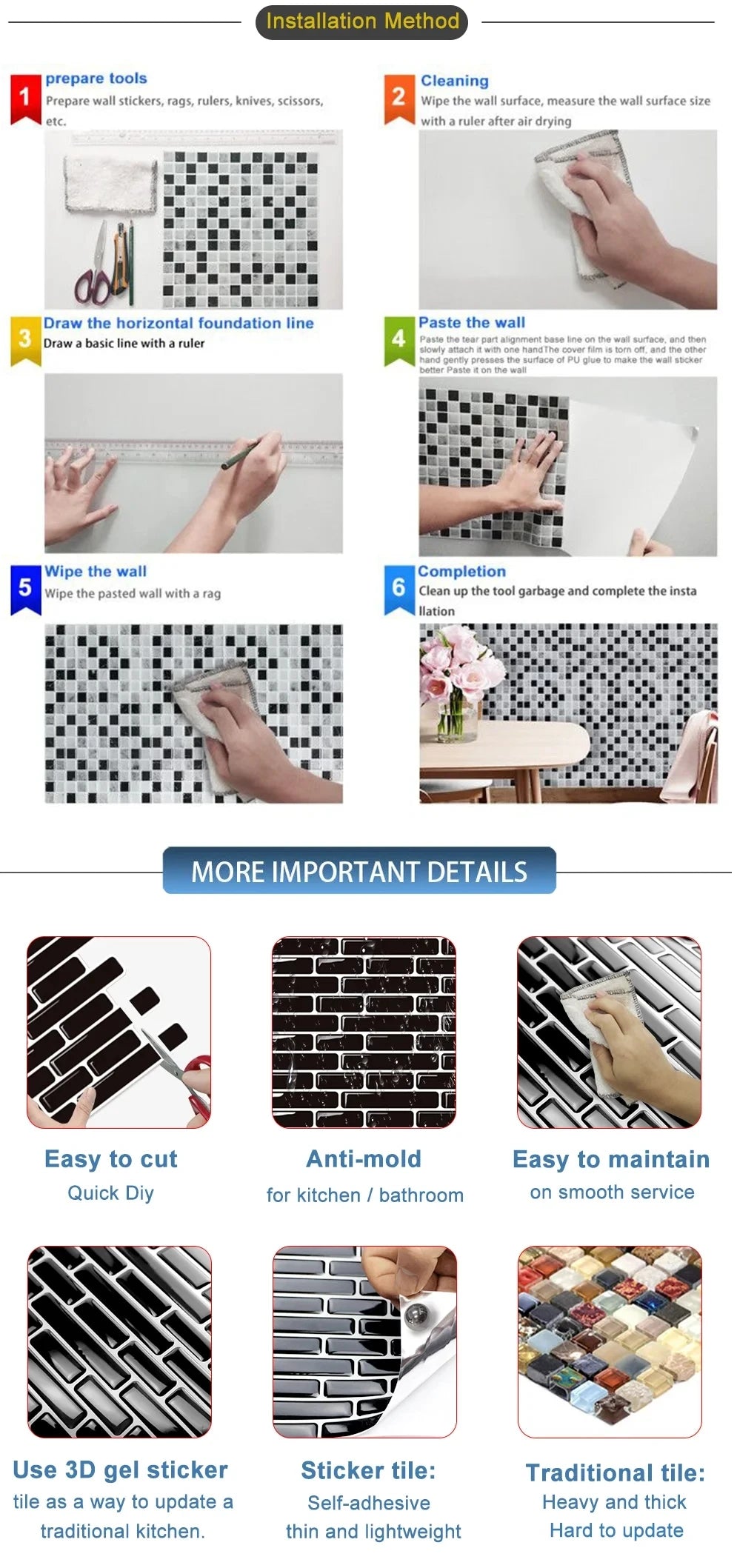 10 PCS Waterproof & Anti-Oil Peel-and-Stick Wall Tiles