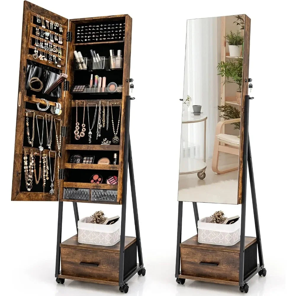 Rolling Jewelry Cabinet with Full-Length Mirror